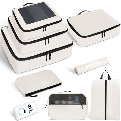 Prezon Packing Cubes 8 Set, Large Capacity Storage Bags for Suitcase, Lightweight Luggage Packing Organizers, Travel & Home Storage Pouches - Cream