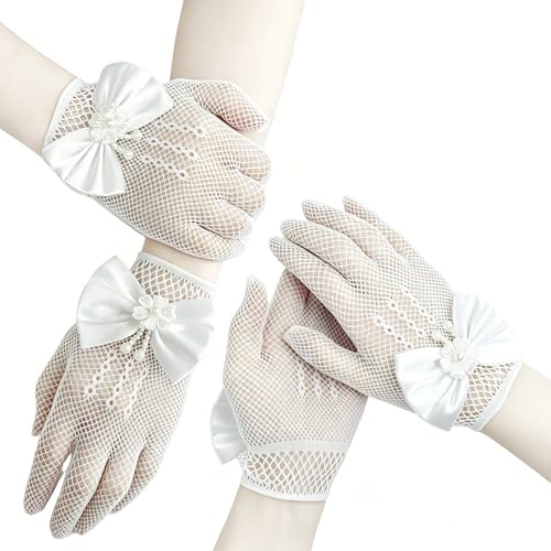 SwirlColor 2-par flickor kort elegant satin-båg-fisknät-handskar ihåliga handleder längd handskar för blommor-flickor