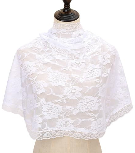 EOYVAIL Schleier,Spitzen-Kirchenschleier, Spitzenschleier, kirchlicher Hochzeitsschleier, Spitzenschal-Kopftuch, katholischer Schal lateinische Messe, 85 * 57 cm (weiß)