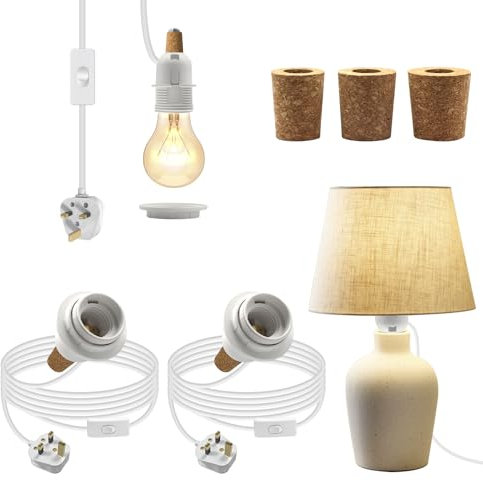 DIY Bottle Lamp Kit,2Pcs Bottle Lamp Adaptor Kit, White Lamp Kits for Do It Yourself, E26 Wine Bottle Table Lamp, E27 Screw Lamp Holder with Lampshade Fixing Ring, 3 Types Bung for Various Bottles