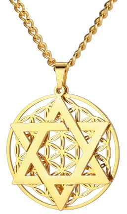 Amaxer Collier étoile de David fleur de vie pour femmes Mandala géométrie sacrée protection déclaration famille pièce de monnaie pendentif chaîne collier (doré)