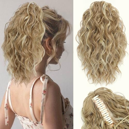 VEGALILY Ponytail Extension 12 inch Clip in Ponytail Short Curly Claw Clip Ponytail Hair Extensions Synthetic Drawstring Ponytail Hair Pieces for Women Daily Use