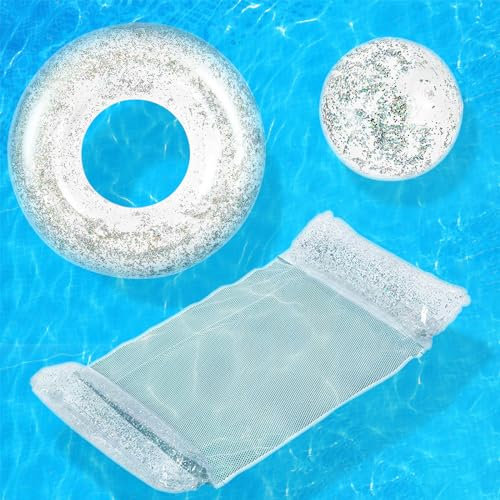 JORAKI Bouee, 3 Pièces Jeux Piscine avec Matelas Piscine Anneau de Natation et Ballon Gonflable, Jouet Accessoires de Piscine Amusants pour Adultes et Enfants