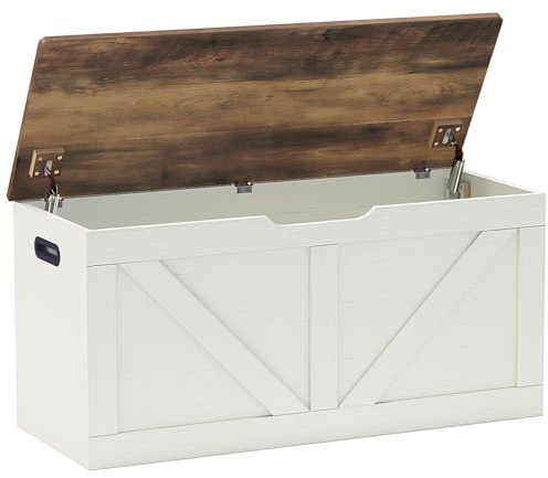 Timberer 39.4 Storage Chest, Wooden Storage Bench, Large Storage Trunk with 2 Safety Hinges, Entryway Shoes Bench for Living Room, Bedroom, Brown and Rustic White