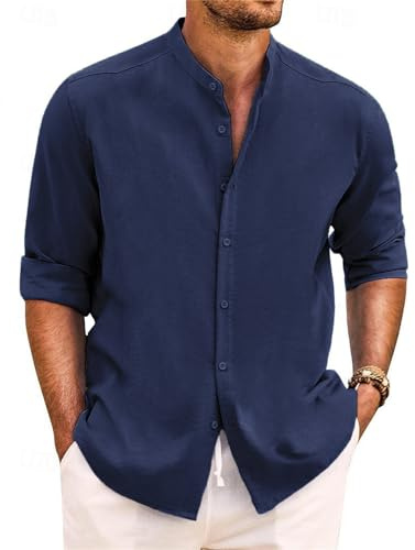 Yageshark skjorta herr linneskjorta långärmad sommarskjorta button down ståkrage skjortor fritidsskjorta casual normal passform strandskjorta linne skjorta, marinblå, M