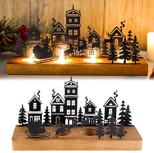 Candelabro Rústico de Metal Navideño Negro,Portavelas de Hierro de Madera Negra para Velas Cónicas de Navidad,4 Agujeros para Velas, Base de Madera,para Arreglos de Adviento y Decoraciones Navideñas