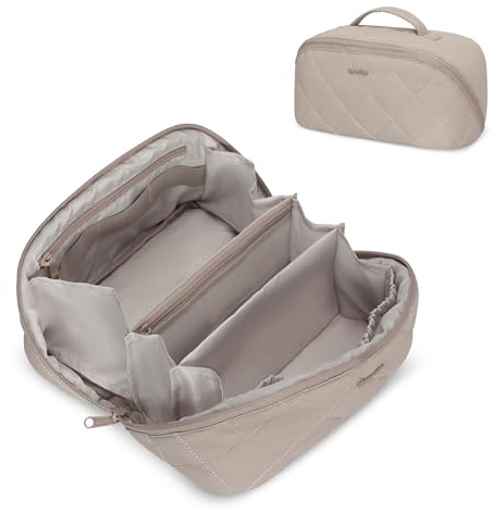 Hynes Eagle Makeup Bag Puffy Cosmetic Bag for Women Lay Flat Make Up Bag Travel Toiletry Bag with Clear Divider and Handle Camel