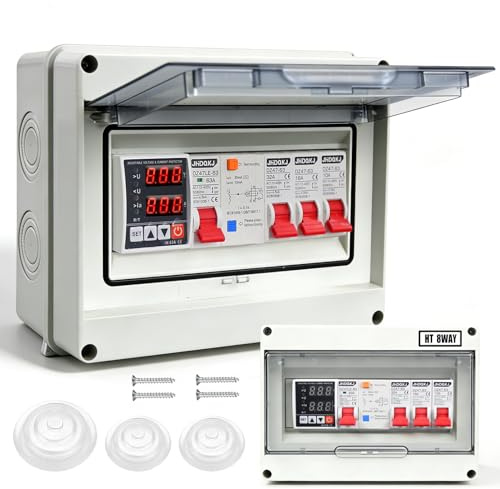 Sicherungskasten Aufputz, Verteilerkasten mit FI-Schutzschalter überspannungsschutz, 32A, 16A, 10A AC Trennschalter, IP65 Stromverteilerkasten für Werkstatt, Garage, Wohnmobile