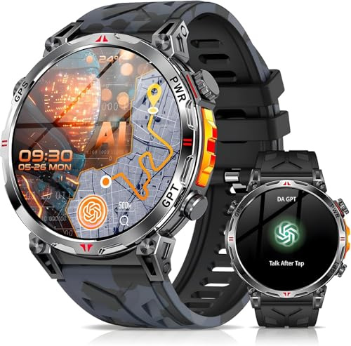 Reloj inteligente militar con GPS/Brújula, reloj inteligente con asistente de voz GPT, Pantalla AMOLED de 1,56 para, compatible con Android y iOS (marcación Bluetooth),modos deportivos (Negro)