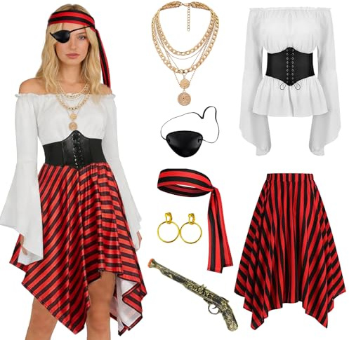 Piratdräkt dam, medeltida pirater off shoulder kläder med korsett bälte, huvudduk, halsband, örhängen och pirattillbehör, piratkostym vuxen för karneval halloween cosplay pirater party