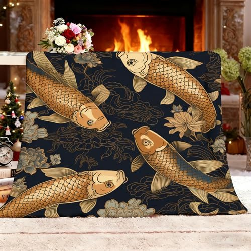 Generico Coperta Termica XL 150x200cm Dipinto Cinese Di Carpa Koi Dorata Pile di Flanella Coperta Plaid in Pile Super Morbida e Morbida Nero per DivanoTV e Letto Decorazioni Casa