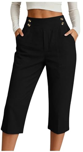 Generico Pantaloni Estivi Donna Lunghezza Ginocchio Modello Ampio da Spiaggia con Bottoni, Leggeri e Traspiranti con Elastico in Vita, Pantaloni Casual a Tre Quarti Comodi per Libero (M)