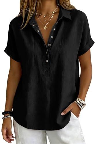 Générique Chemisier Coton et Lin Femme Été Chic et Élégant Manche Courtes Col V Boutons Polo T Shirt Ample Décontracté Couleur Unie Fluide Tunique Blouse Lâche Respirant Habillée Haut Travail Vacance