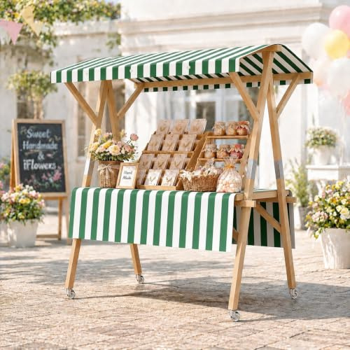 Hopfällbar utomhusförsäljningsvagn i trä på hjul med tak, bärbar matvagnsdisplay för gatuförsäljning, marknader, utomhusevenemang och fester GreenD-150cm/59in