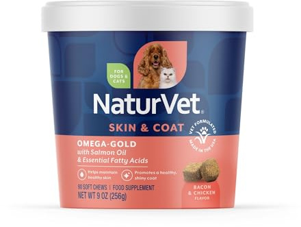 NaturVet – Aceite de salmón Omega-Gold Plus | Apoya la Piel Saludable y la Capa Brillante | Mejorado con DHA, EPA, Omega-3 y Omega-6 | para Perros y Gatos | 90 masticables Suaves