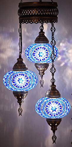 DEMMEX Lampadario Turco a Sospensione 3 Luci con Globo in Vetro a Mosaico – Stile Marocchino/Boho, Fatto a Mano (Blu)