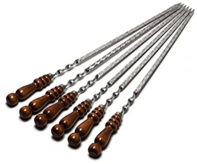 Set di 6 Spiedi/Spiedini in Acciaio Inossidable con Manico di Legno - Lunghezza Utile 60 cm - Tipo Shampours - Ideali con Barbecue Mangal