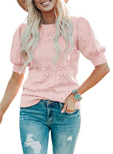 Saodimallsu Femmes Été Mignon Lanterne Courte Manches Ras Du Cou Dot Décontracté Pull En Tricot Chandails Chemisier Bleu