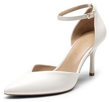 DREAM PAIRS Tacones Altos para Mujer con Tiras, Punta Cerrada, Tacón de Aguja, Correa en el Tobillo, Punta Afila D'Orsay, Zapatos de Fiesta para Boda,Size 39,Blanco/PU,SDPU2215W