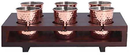 Moscow Mule Mugs, 3.4 Oz Moscow Mule Cups Set of 6 Copper Glasses Lining Stainless Steel with Wooden Holder for Cocktail Drinking,Rose Gold