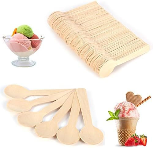 Fyearfly Kleine Holzlöffel Einweglöffel, 100 Stück 10 cm Eislöffel Dessertlöffel Teelöffel Einweg biologisch abbaubares kompostierbares Besteck Besteck für Eis Dessert Joghurt Verkostung