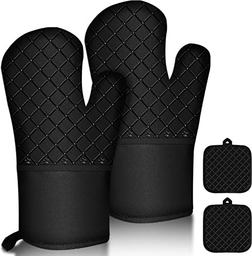4er Set Ofenhandschuhe, 300°C Topflappen & rutschfestes Silikon Lange Backhandschuhe, Kochhandschuhe Hitzebeständige, Topfhandschuhe Ofen Handschuhe für Küche, Backen,BBQ,Auflaufform und Grillen