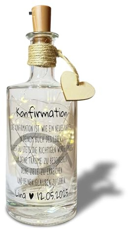 Flaschenlicht zur Konfirmation personalisiert – LED-Flasche mit Name & Datum, Spruch, Holzherz und warmweißem Licht – besonderes Geschenk & Tischdeko für diesen wichtigen Tag