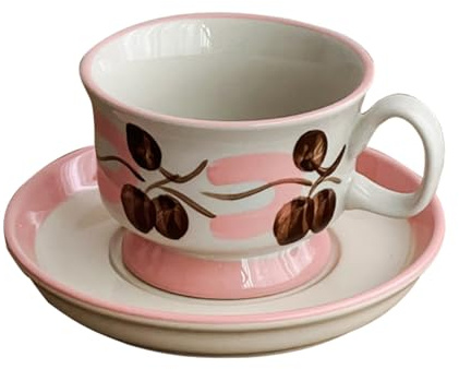 Soulnioi Juego de taza de café de cerámica, taza de capuchino retro y platillo, 220 ml, taza de té floral pintada a mano, taza de leche para regalo, color rosa