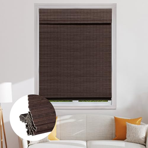 SEEYE Cordless Bamboo Roman Shades, Blackout Natural Bamboo Blinds for Indoor Windows, Roll Up Blind Privacy Shade for Home, Office, Door, UV Resistant & Easy to Install, 30 W x 64 H, Brown