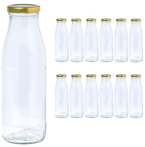 Vitrea 12 leere Glasflaschen 500ml Schraubverschluss Gold - Milchflaschen, Saftflaschen, Flaschen zum Befüllen mit Deckel - für, Saft, Smoothies, Öl - 12 Stück, TO48, Milch