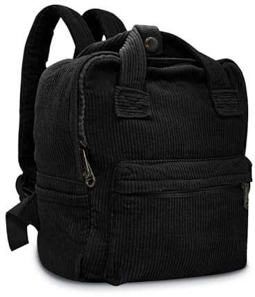 Boziee Klein Rucksack Damen Canvas/Cord Cityrucksack Rucksäcke Daypacks,Rucksackhandtaschen Kinderrucksäcke für Schule Travel Arbeit Damen Mädchen Teenager Unisex (Corduroy, Schwarz)