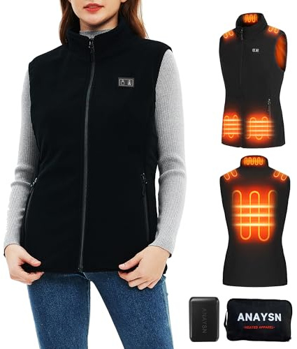 ANAYSN Heated Gilet for Women, Fleece heated vest with battery pack included 7.4V 16000mAh (Black, XL)
