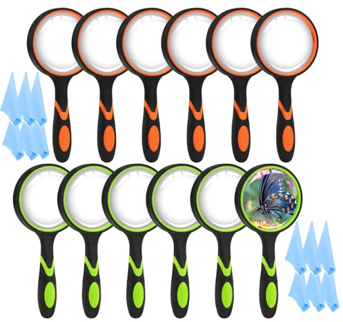 Lot de 12 loupes de lecture 75 mm pour enfants - 10X - Pour personnes âgées en lecture - Grossissement 2 couleurs - Pour enfants et chercheurs - Poignée en caoutchouc souple antidérapant - Avec