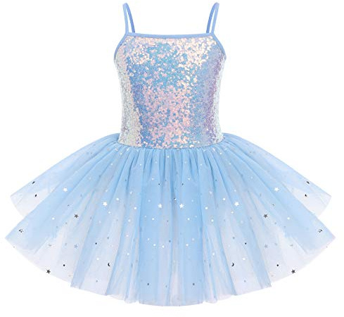 IWEMEK Vestito da Balletto Ragazza Bambino Tutu senza Maniche con Paillettes Body Balletto Danza Body Balletto Abbigliamento da Danza per la Ginnastica, blu, 7-8 Anni