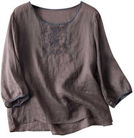 Guantes plegables niños mujeres verano lino manga 3/4 camiseta estilo étnico casual bordado vintage moda top blusa de manga larga, gris, XL
