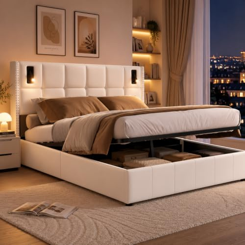 LIVLUX Lit Coffre 160 x 200 cm avec Éclairage LED, Lit Double Rembourré avec Tête de Lit et Espace de Rangement, lit 2 Personnes pour Adultes et Adolescents (Beige A, 160 x 200 cm)