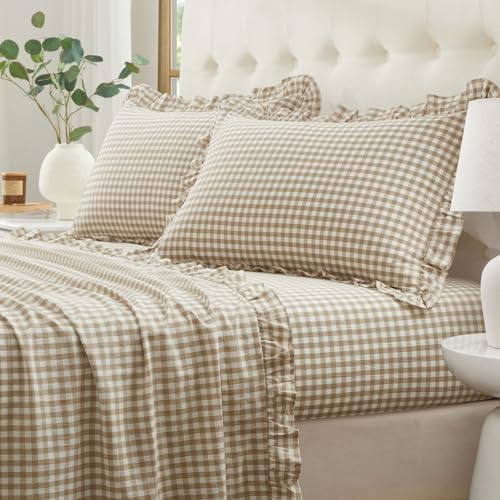 Yvrcen Ruffle Gingham King Sheet Set - 4 Piece Taupe Plaid Cotton Bed Sheets King Size - 16 Inch Deep Pocket Checkered Ruffled Sheets Farmhouse Decor - Linen-Feel & Breathable