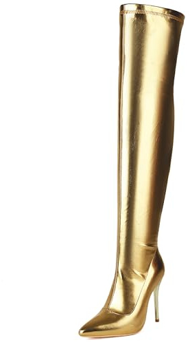 Lizoleor Tacco a Spillo Side con Cerniera Appuntito Donna Stivali Sopra Il Ginocchio Shiny Vernice Sposa Solid Color Long Stivali da Vestito Oro Numero 37 EU/38Cn