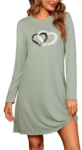Leversic Camica da Notte Donna Cotone Camicie da Notte Manica Lunga Vestito da Notte Invernale Morbido e Confortevole Verde Chiaro - Cuore d'Amore L