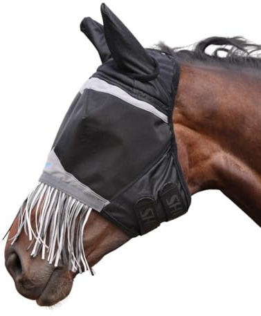 Shires FlyGuard Pro Fine Mesh Fly Mask with Ears & Nose Fringe – XS Pony Size | Lightweight Breathable Mesh Fly & Insect Protection | Secure Fit for Turnout & Grazing | Jet Colour