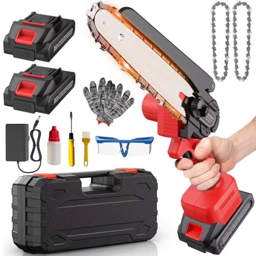 Tronconneuse a Batterie Mini - 800W Coupe Branche Électrique Scie Sans Fil petite Elageuse Chainsaw 6 Pouces avec 2 Batteries 3 Chaînes l'Élagage Outils Jardin Cour Bois Model 030