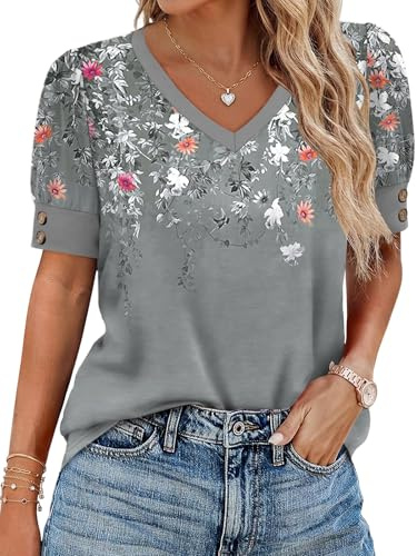 Cuptacc T-shirt dam v-ringad blus damer sommar elegant puffärmar topp casual ledig ledig basic topp