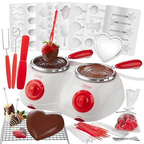 Dual Electric Chocolate Melting Pot Set - Mother's Day Brunch Fondue & Candy Kit w/ 30 Bonus Accessories - Dip, Drizzle, Decorate Strawberries & Marshmallows - Appetizers & Desserts