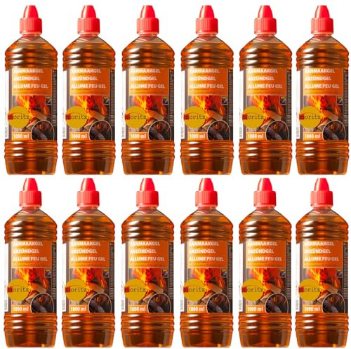 Moritz 12x 1000 ml Grill Anzünder Gel für alle Arten von Kohle - Kamine - Brennpaste in 1Liter Flasche Tischgrill flüssiges Anzündgel Feuergel für Grill und Kamin geruchlose Brennpaste