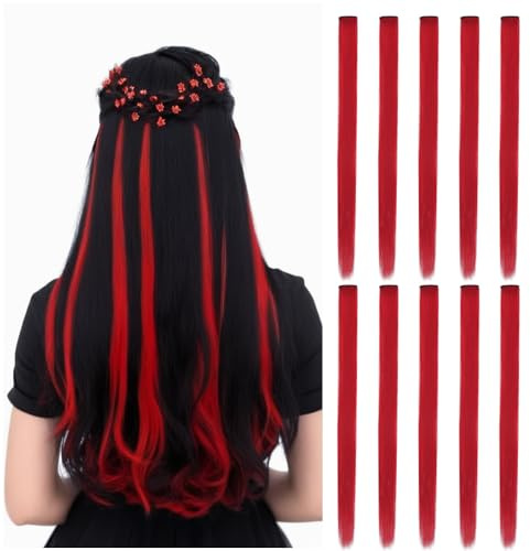 10 Pcs Colored Hair Extensions Clip for Women 22 Inch Colorful in Hair Extensions Straight Synthetic Hairpieces for Fashion Party Hair Accessories（Straight,Red）