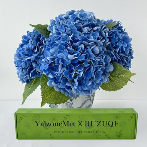 Yalzone 3 st verklighetstrogna hortensia konstgjorda blommor äkta beröring falsk latex 53 cm stor mörkblå hortensia för heminredning brudbukett bröllopsdekor