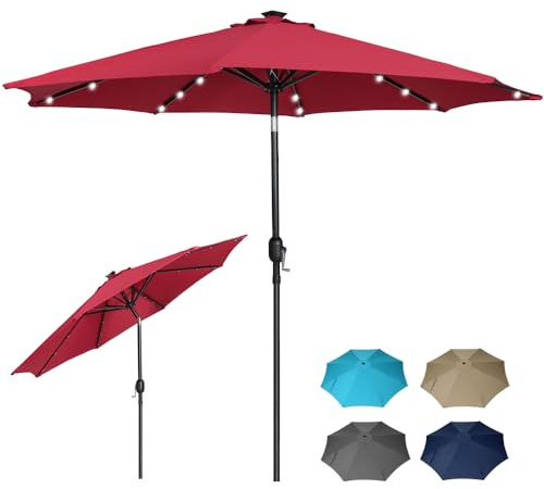 Panana 2.7M Garden Parasol with 24 Solar LED Lights Sun Shade Outdoor Umbrella 8 Sturdy Ribs with Crank and Tilt Mechanism for Poolside, Deck, Patio and Balcony (Red)