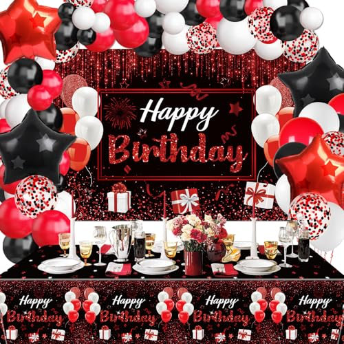 Decorazioni per feste di compleanno nere e rosse con sfondo Happy Birthday, tovaglia, 64 palloncini di compleanno per donne, ragazze e uomini