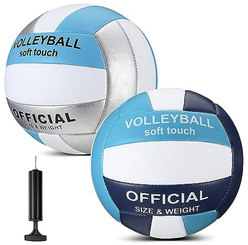 Lenwen 2 Pack Beach Volleyball Official Size 5 for Indoor Outdoor, Waterproof Soft Volleyball with Pump for Adult Beginner Beach Game Gym(Light Blue-Dark Blue, Light Blue-Silver)
