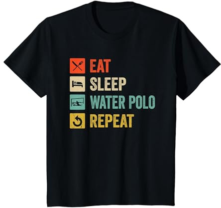Eat Sleep Waterpolo Repetir Divertido Jugador de Waterpolo Camiseta, Niños, Negro, 12 años